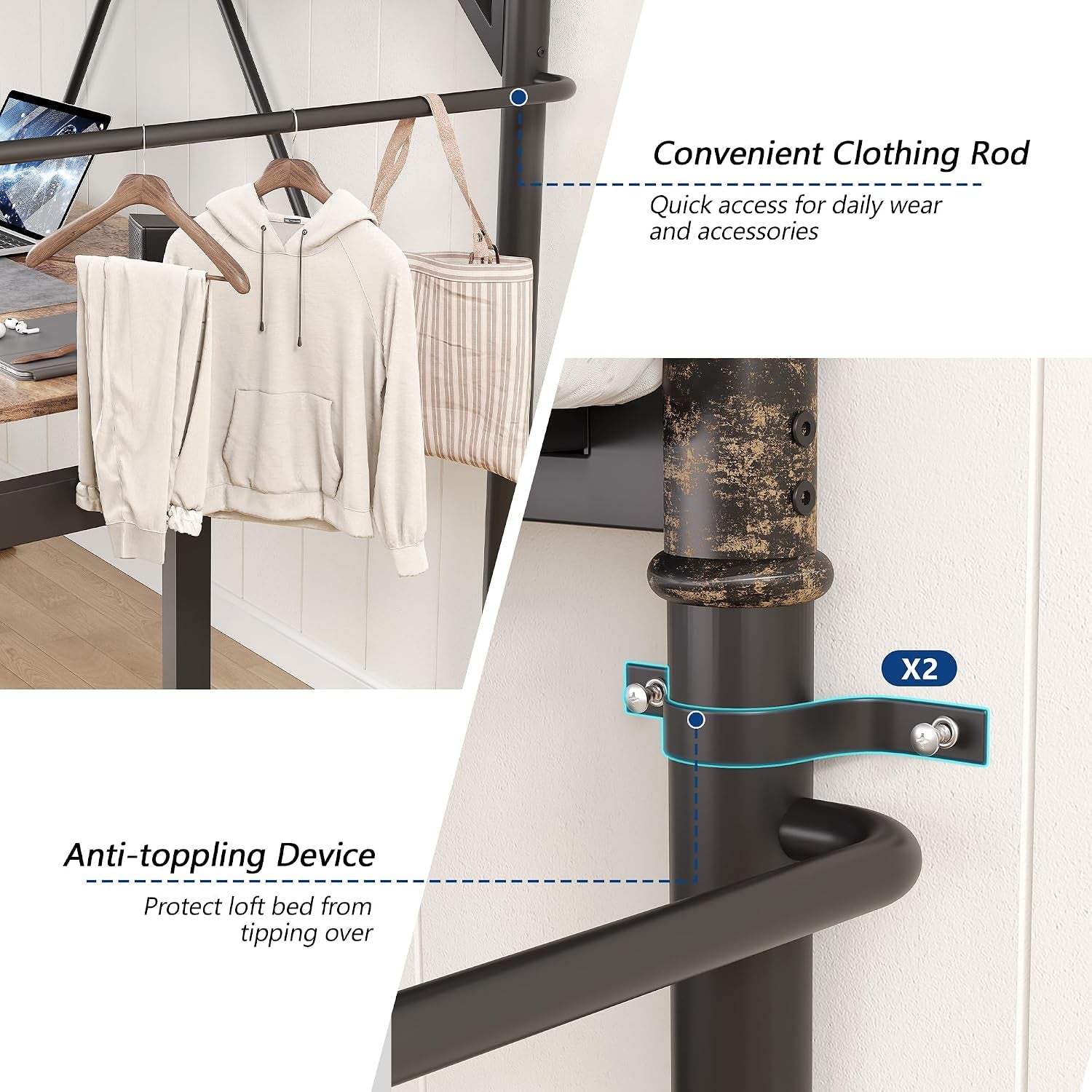 Split image: left shows clothing rod with hanging hoodie; right shows close-up of anti-toppling bracket attached to a metal