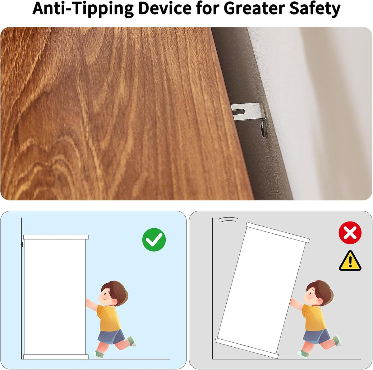 Close-up of a metal anti-tip wall bracket above two safety illustration panels.