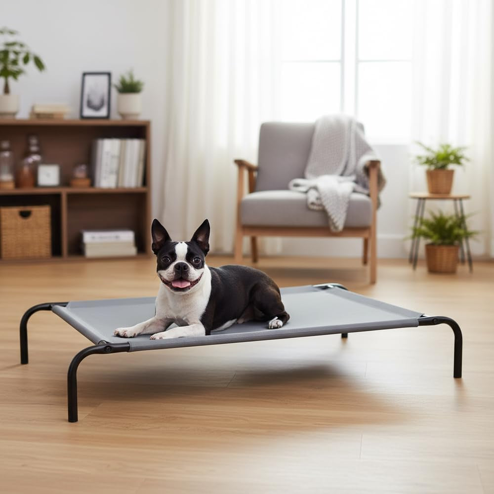 Grey elevated pet bed on a wood floor with a small black-and-white dog lying on it in a living room