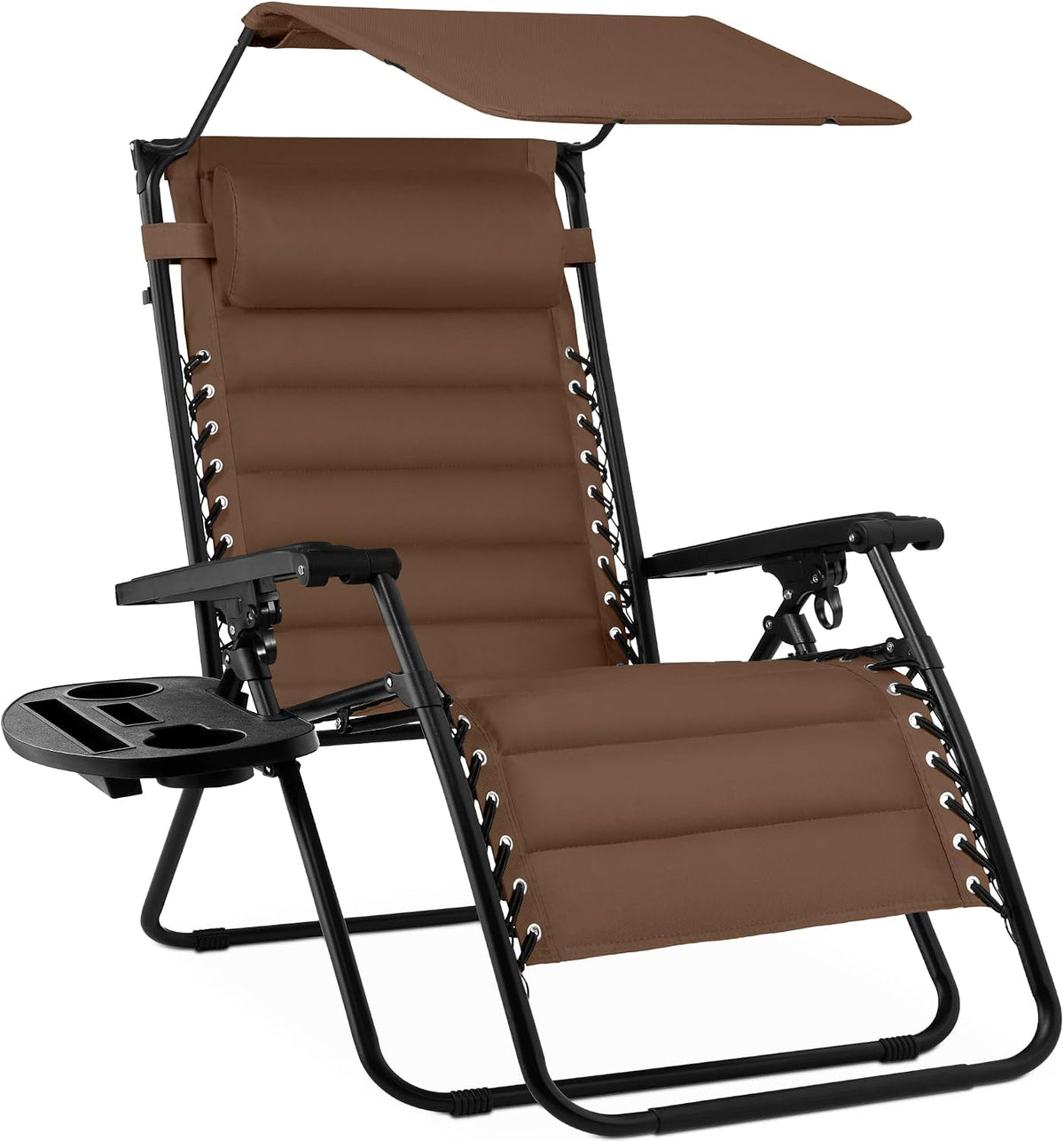Brown padded zero-gravity recliner with adjustable canopy and side tray shown from front-right