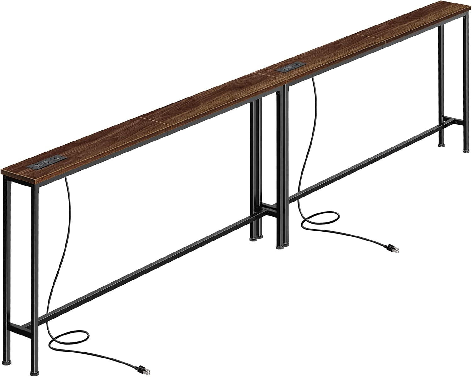 Long entryway console table with walnut-toned top, slim rectangular metal frame and exposed cord.