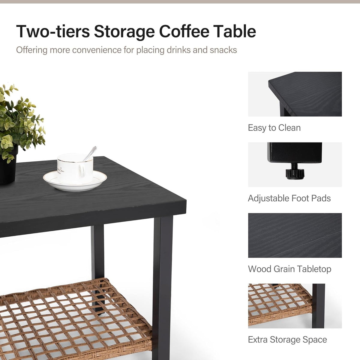 Square two-tier coffee table with black wood-grain tabletop and woven rattan lower shelf shown with cup and plant
