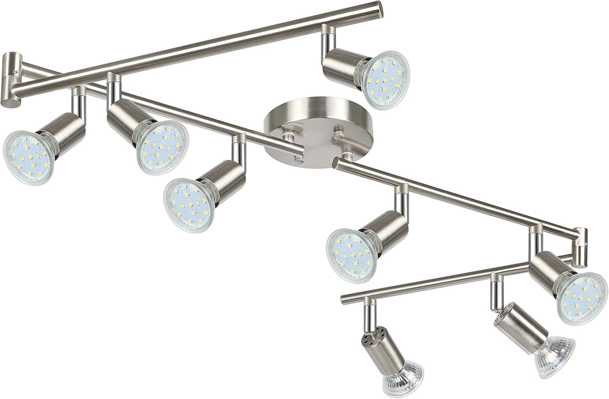 Angled view of a six-light track lighting fixture in brushed nickel with visible LED bulbs and swivel heads.