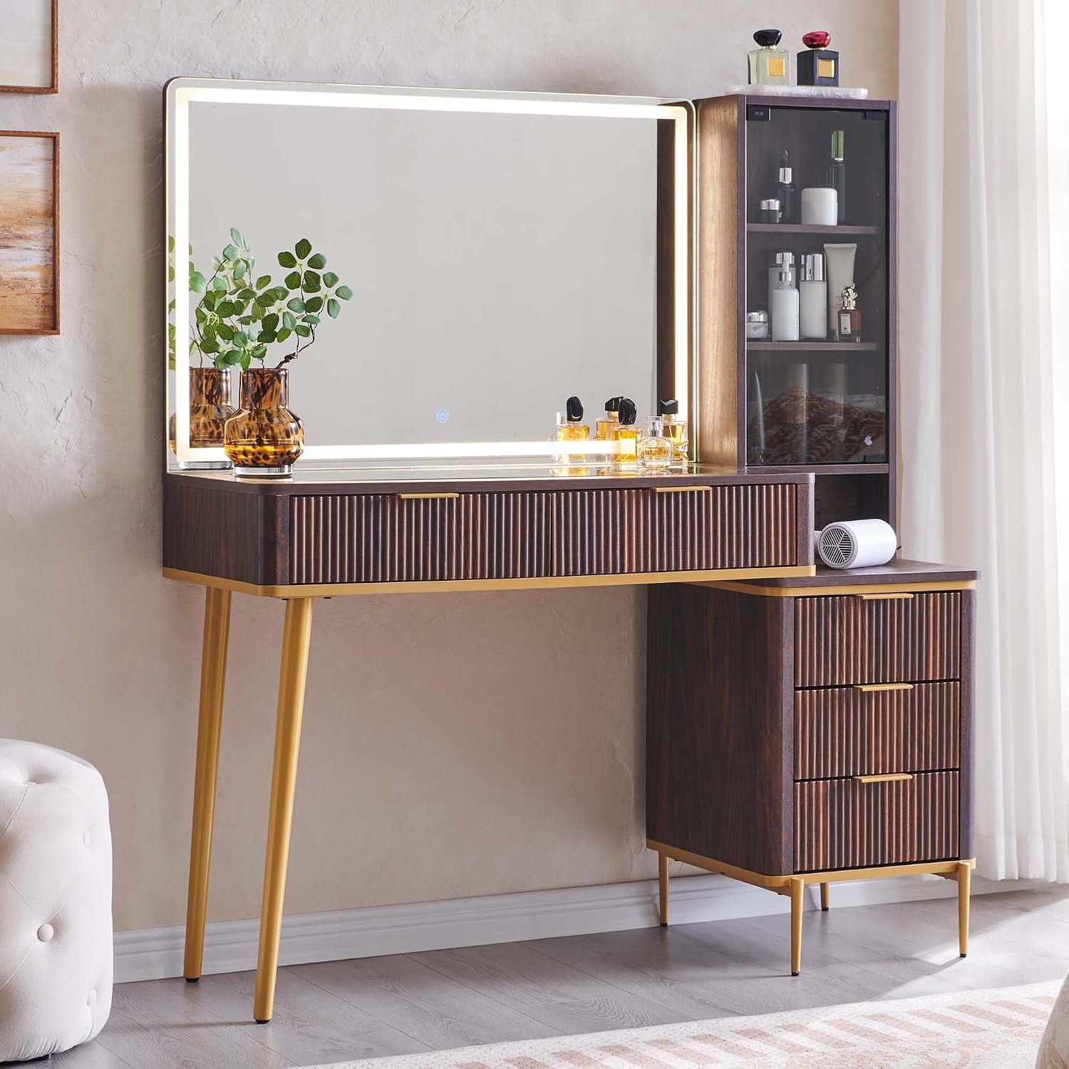 T4TREAM Fluted Makeup Vanity Desk with 36" HD Lighted Mirror, 48" Big Modern Vanity Desk with Mirror and, gallery view 10