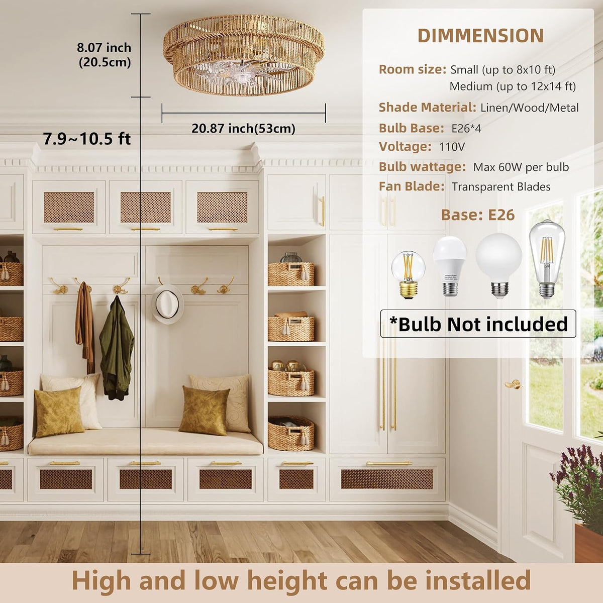 Dimension graphic for rattan ceiling fan showing a 23.6-inch measurement, woven shade and E26 bulb icons