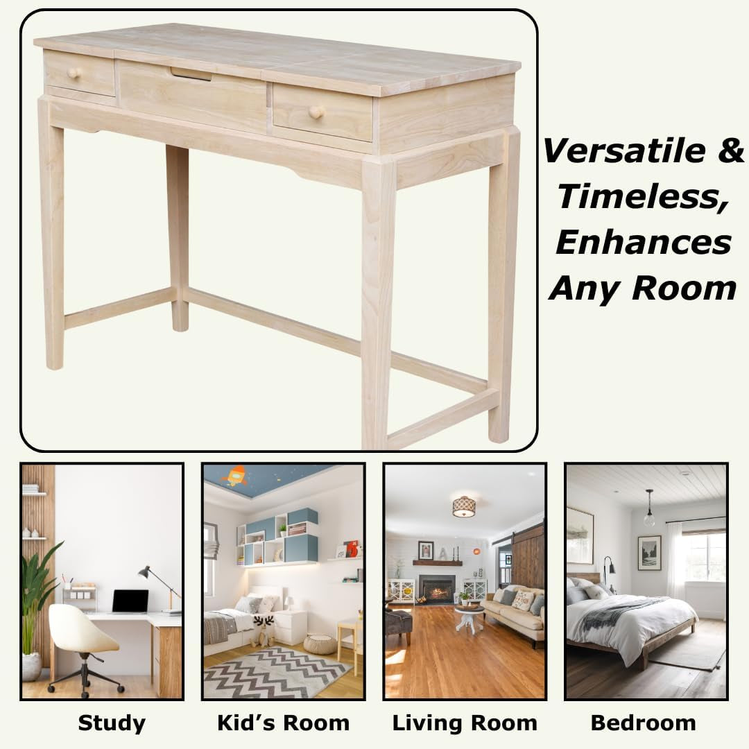 Unfinished parawood vanity angled with four small lifestyle room thumbnails and text promoting versatility.