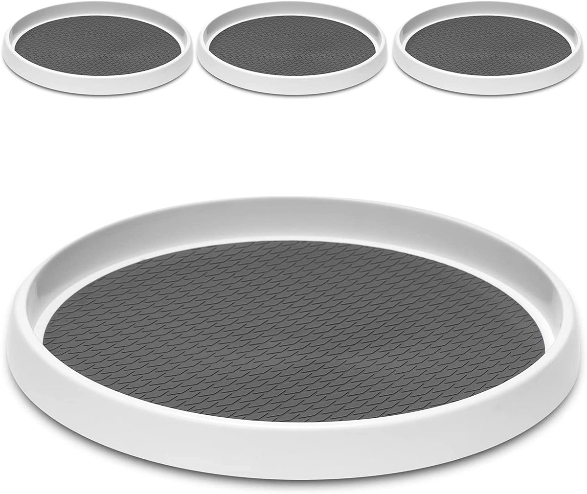 Close-up of a white round turntable with a textured dark gray non-slip surface, three more shown above.