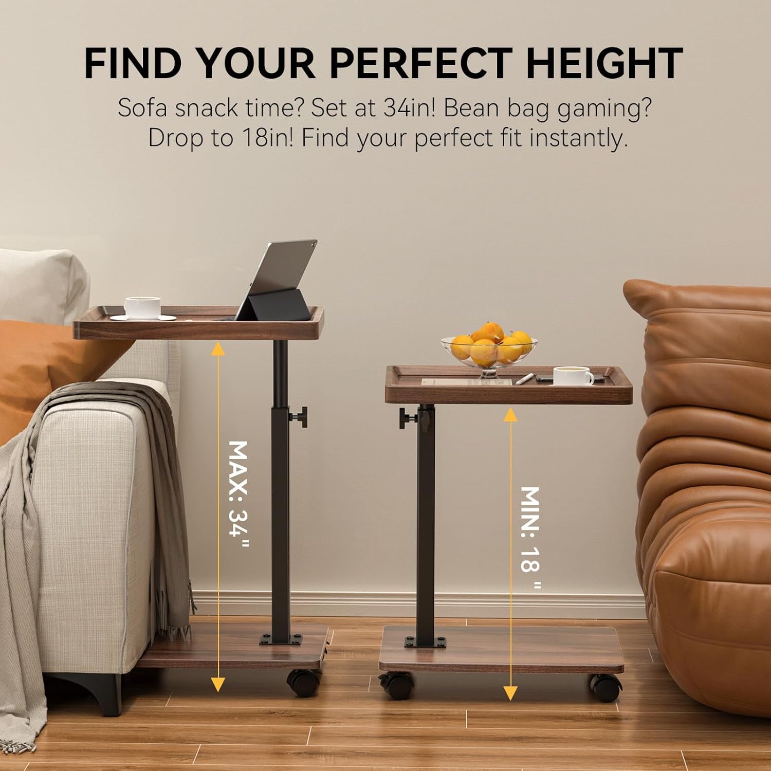 Two C tables side by side showing maximum 34 inch and minimum 18 inch heights