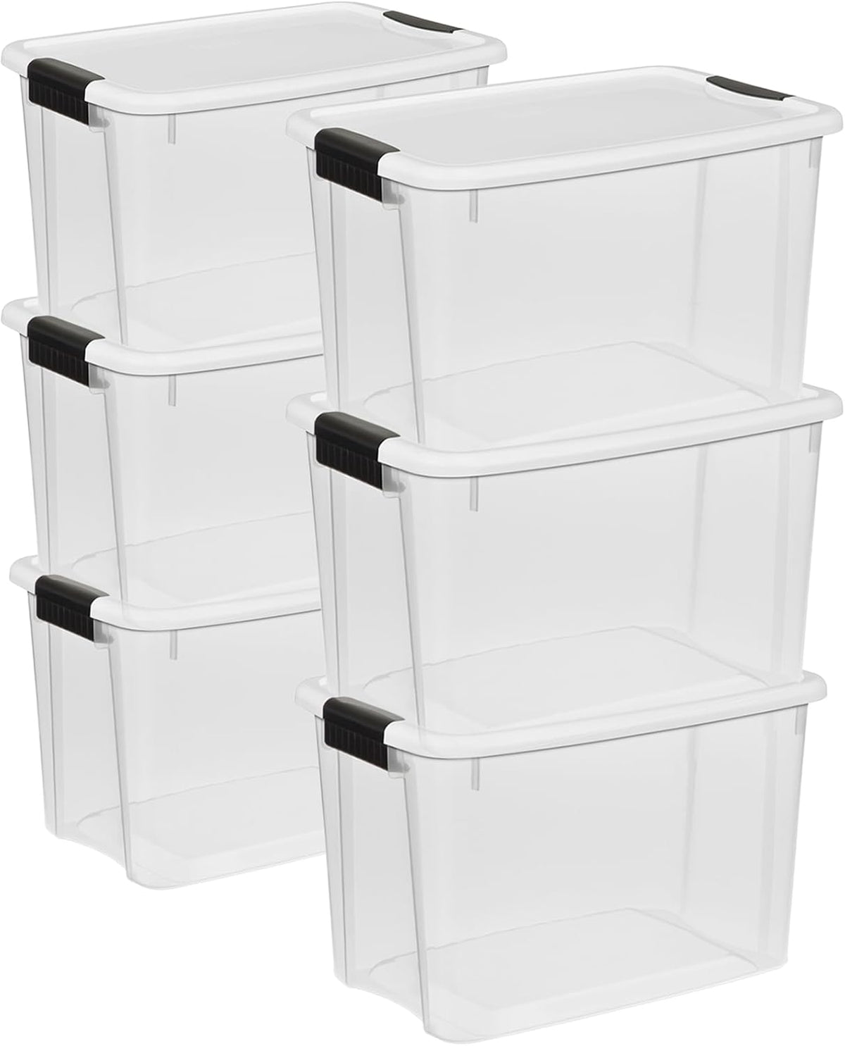 Four clear plastic storage bins with white lids and black side latches shown stacked in two columns.
