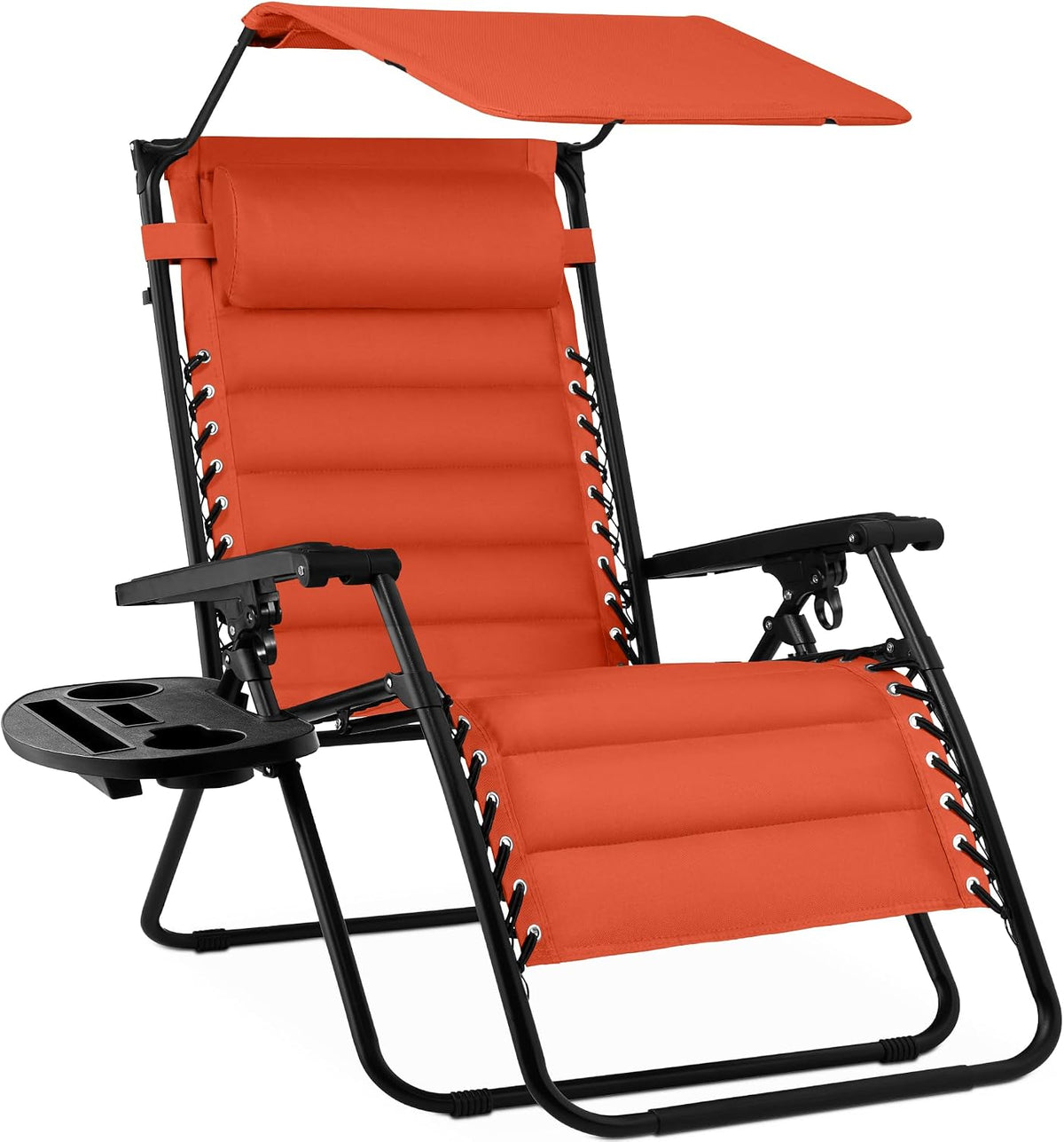 Angled front of an orange zero-gravity chair with sun canopy, armrests and molded cup-holder tray