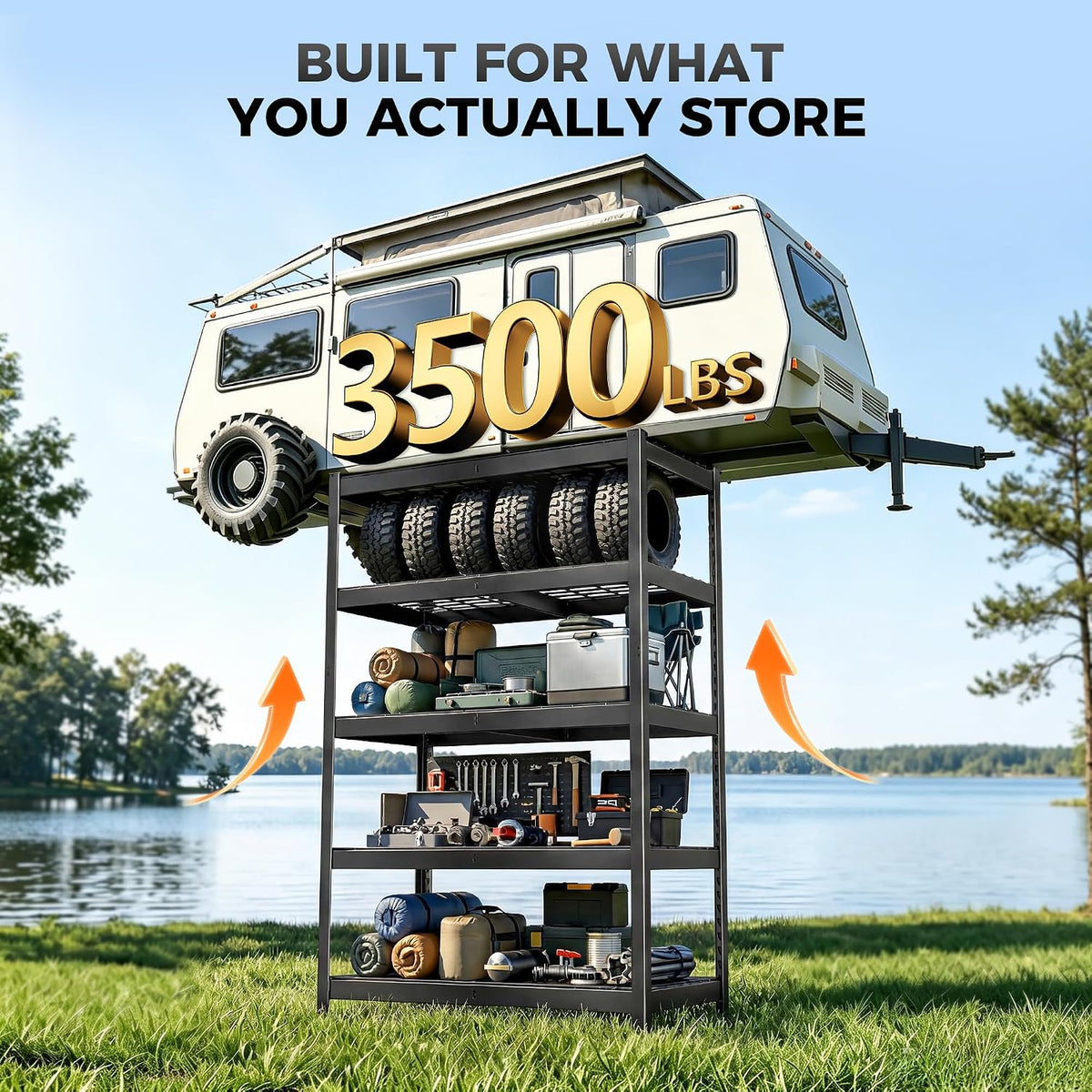 Black 5-tier wire shelf staged outdoors with camping gear and a large '3500 lbs' graphic.