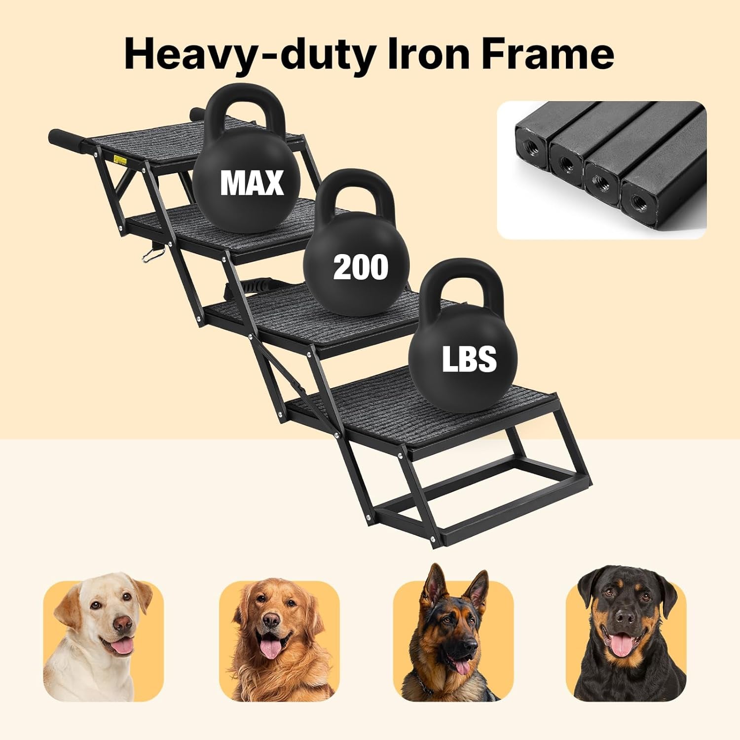 Black foldable dog steps shown angled with steel frame close-up and weight icons indicating heavy-duty 200 lb capacity