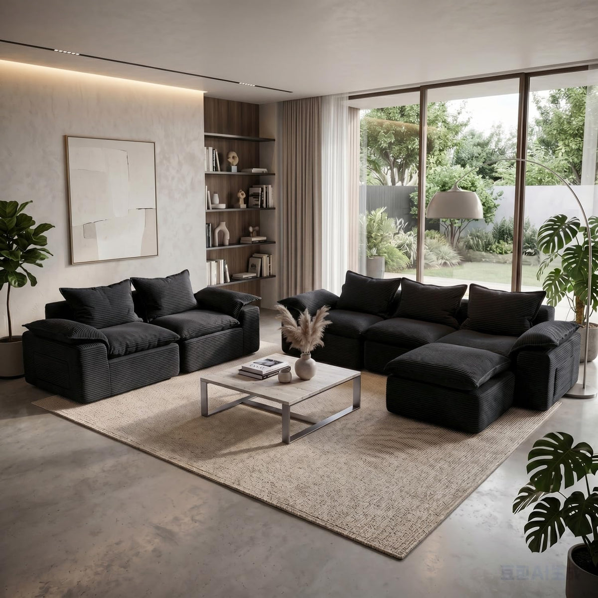 Two-piece dark charcoal modular sofas arranged as loveseat and L-shaped sectional in a sunlit room.