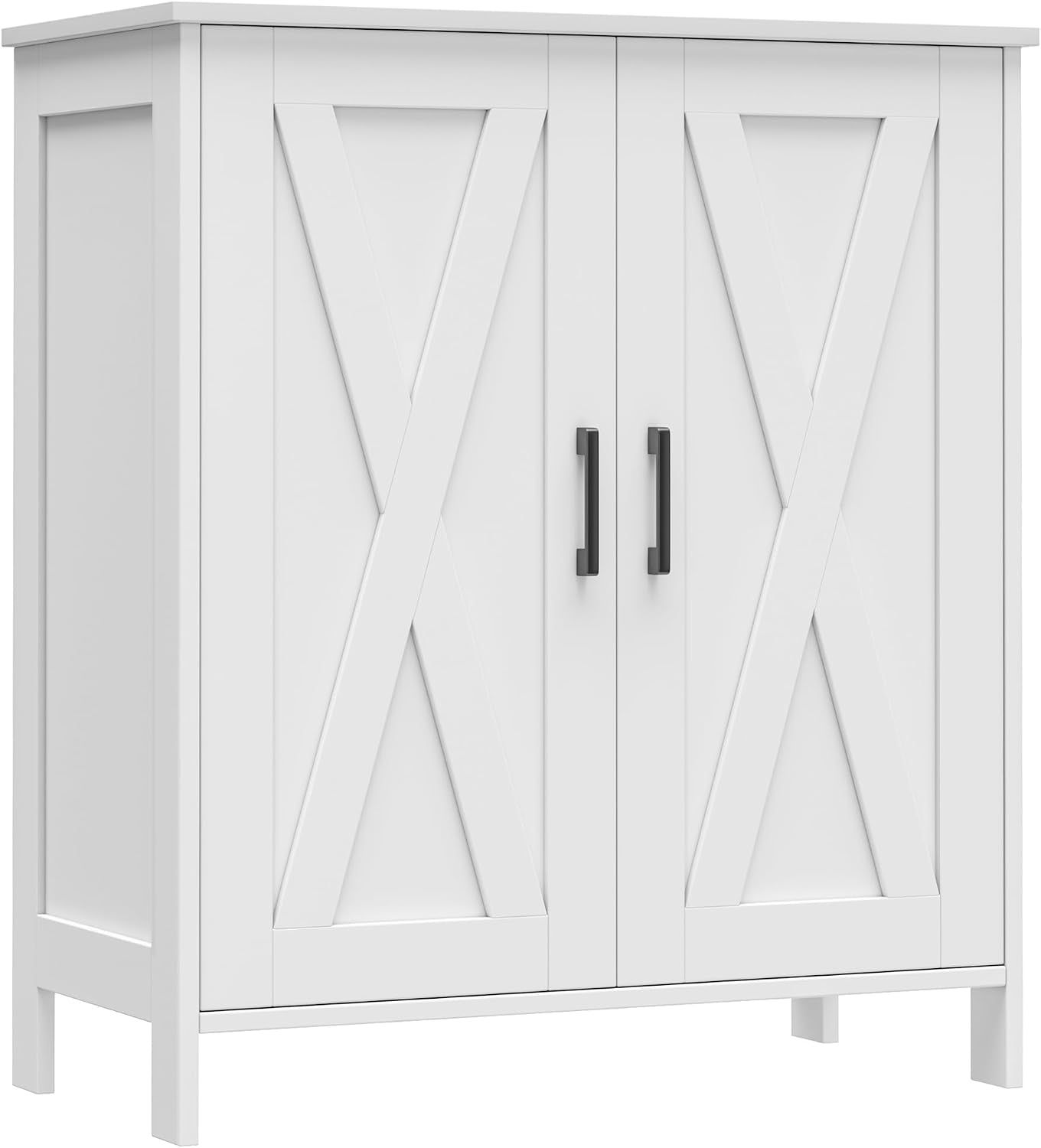 Front view of a white tall shoe cabinet with X-paneled barn doors and black handles.