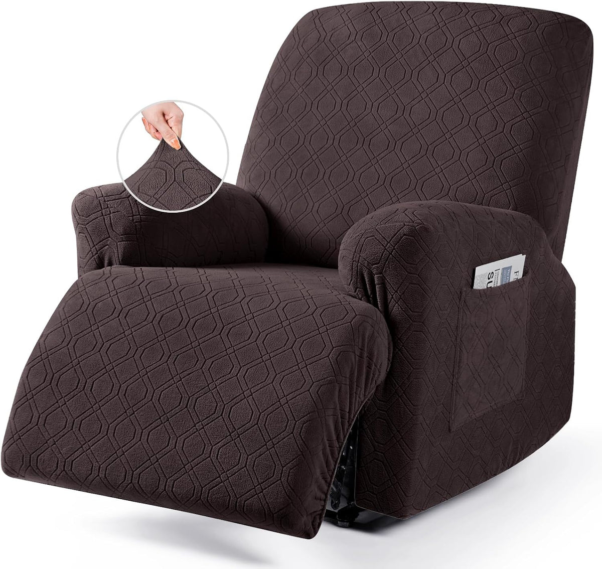 Close-up of single recliner covered in dark gray textured slipcover showing arm pocket and stretch fabric inset.