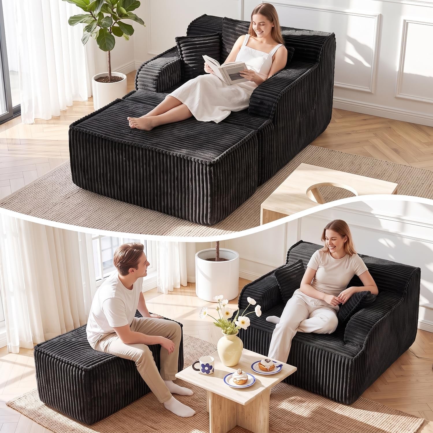 Woman reclining on a corduroy chaise with ottoman and pillows in a bright living room