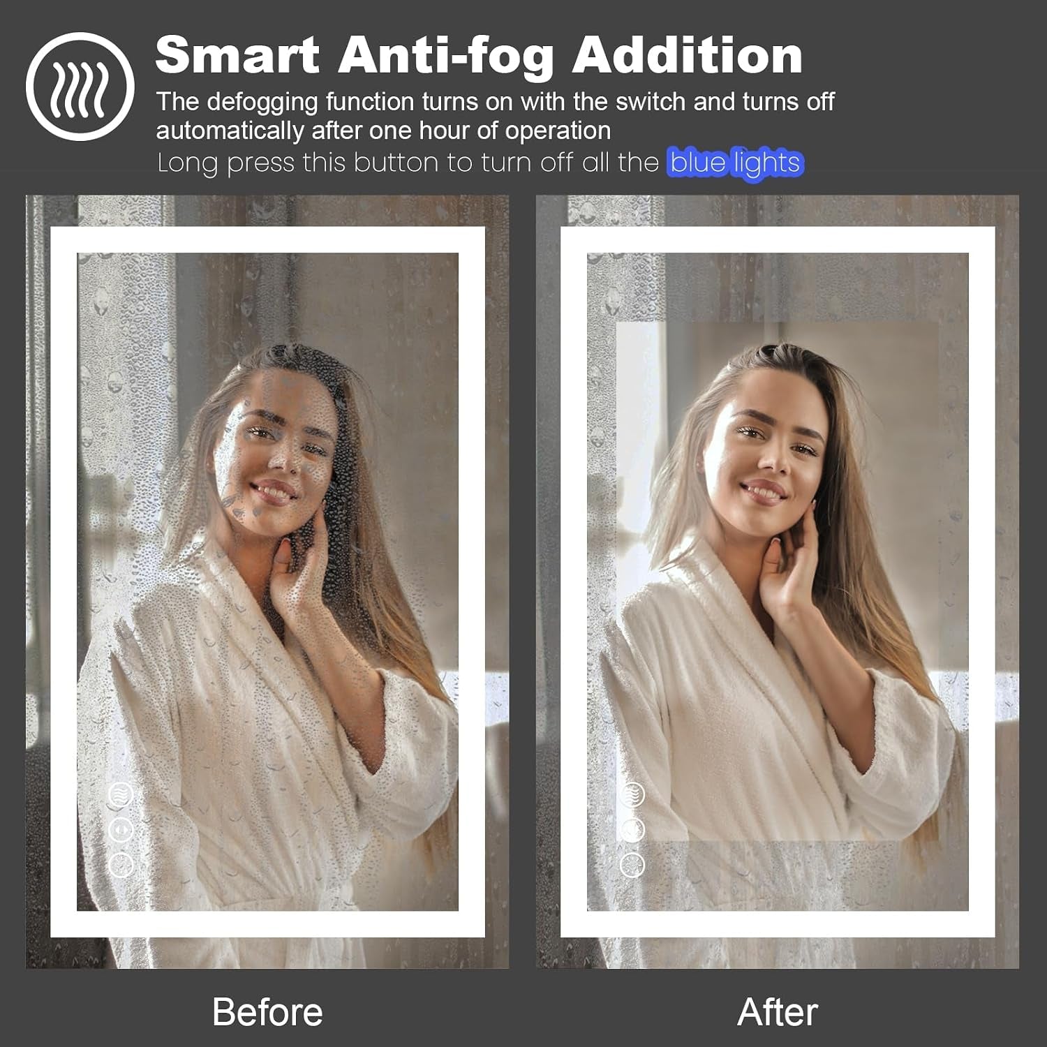 Side-by-side before and after anti-fog effect on a mirror with a woman in a white robe reflected