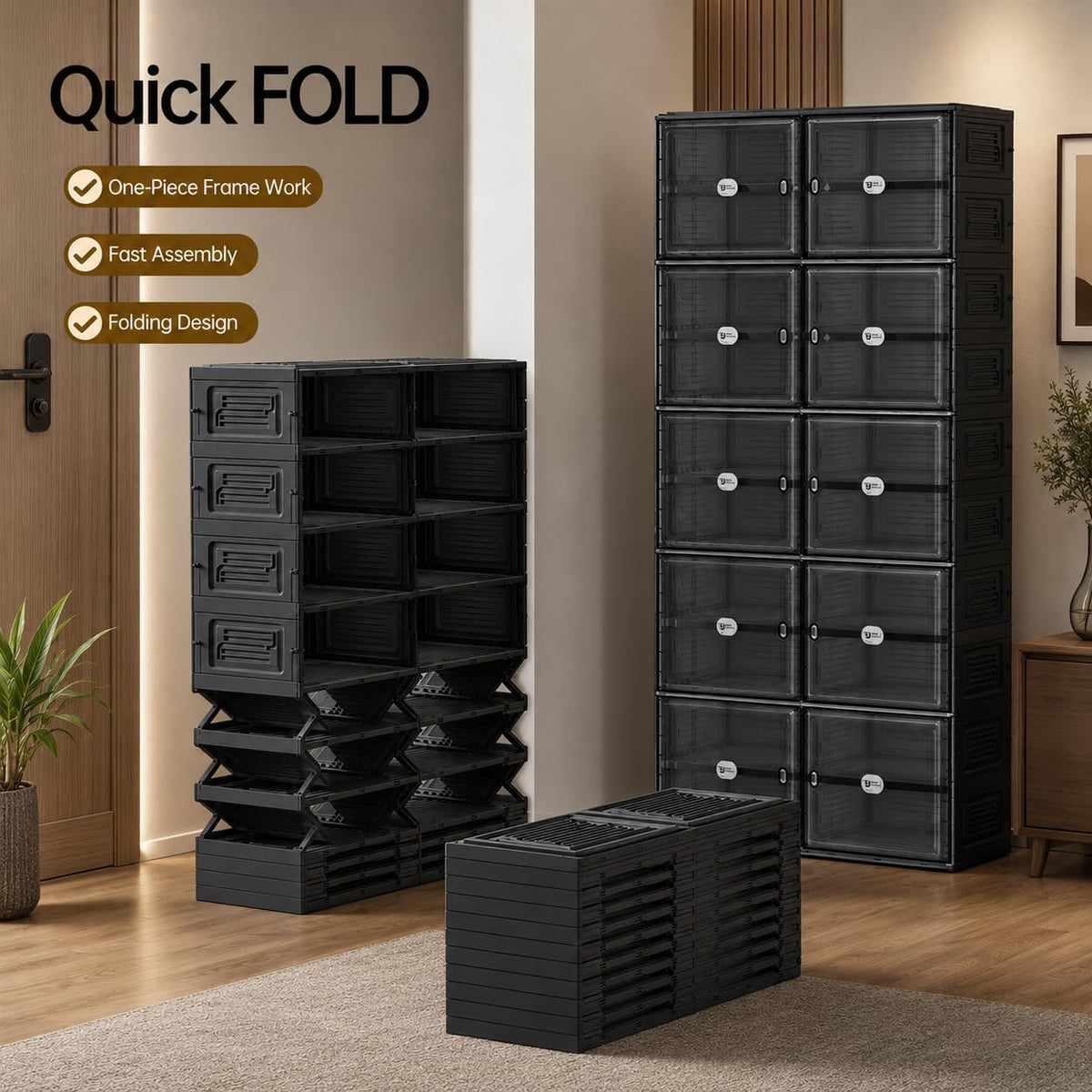 Half-collapsed black shoe storage modules demonstrating the folding design and stacked flat for storage
