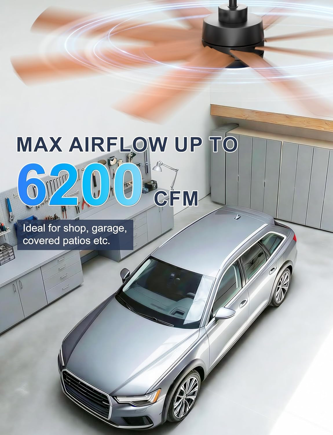 Ceiling fan graphic highlighting max airflow up to 6200 CFM above a garage with a parked car