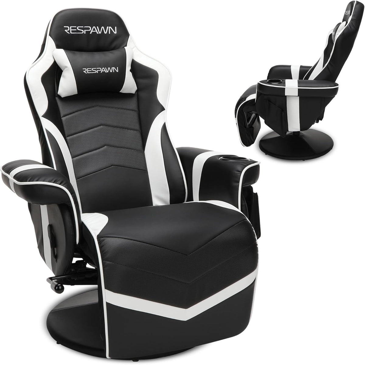 Black and white gaming recliner shown front-facing with smaller side profile, featuring contrast trim and lumbar pillow.