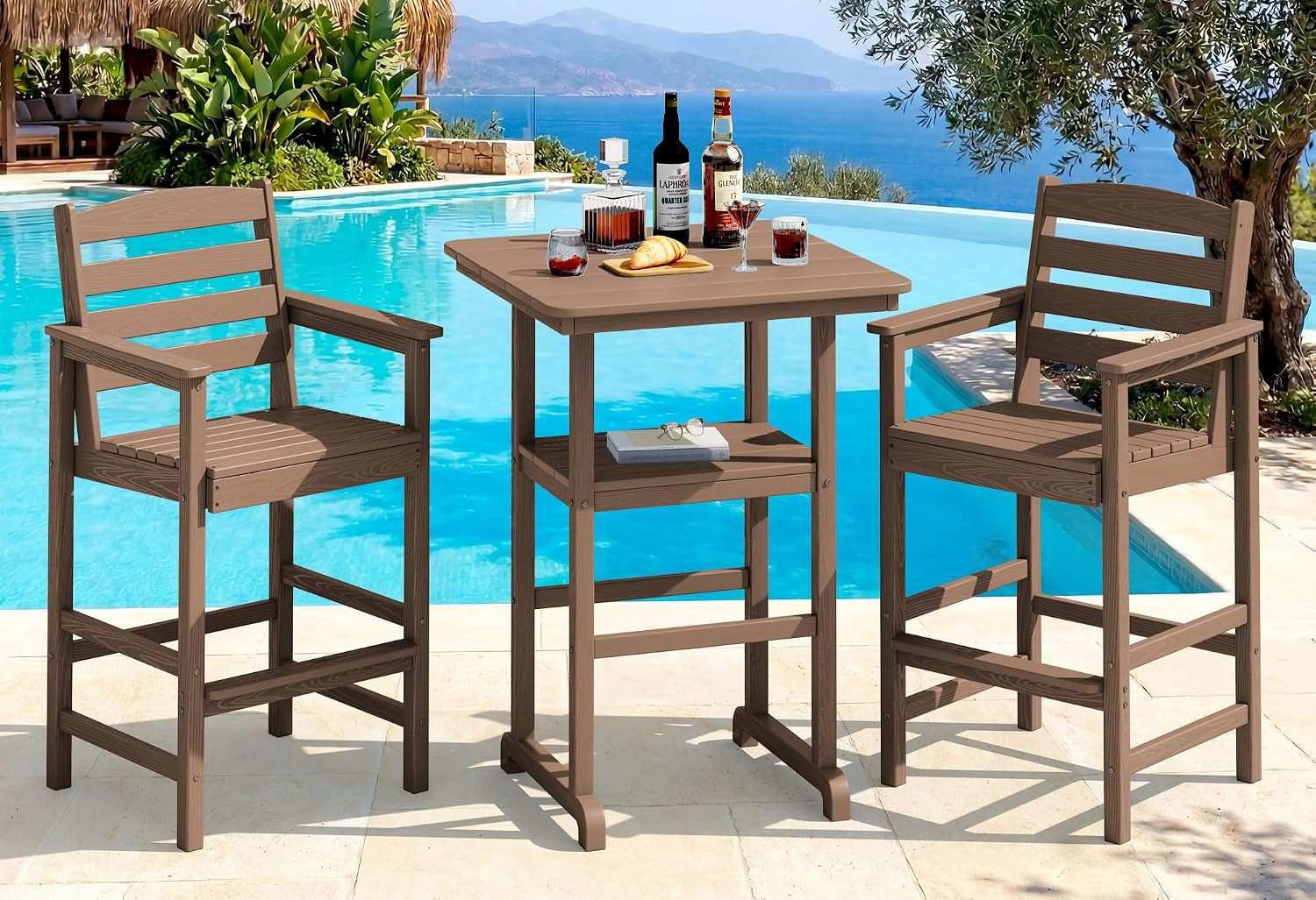 Brown three-piece Adirondack-style bar set on poolside tile with bottles and glasses on the table.