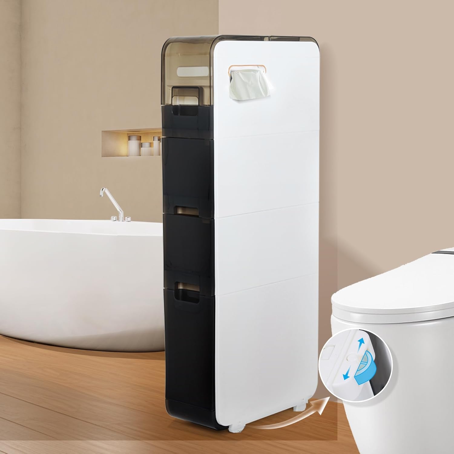 Slim white cabinet with black stacked drawers and a tissue pocket mounted on the front, placed in a bathroom.
