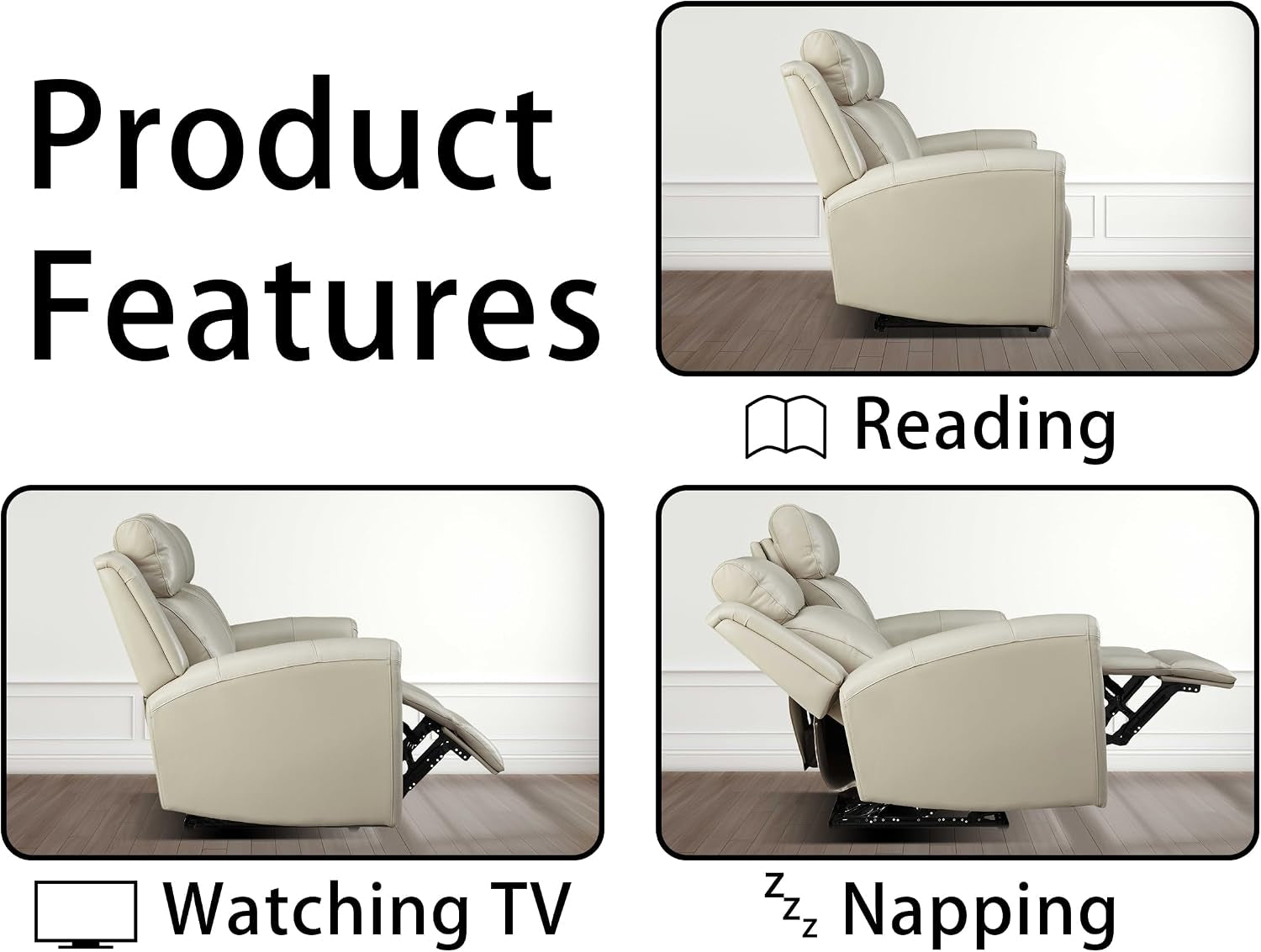 Graphic showing side-profile product features with recline positions labeled for reading, watching TV, and napping