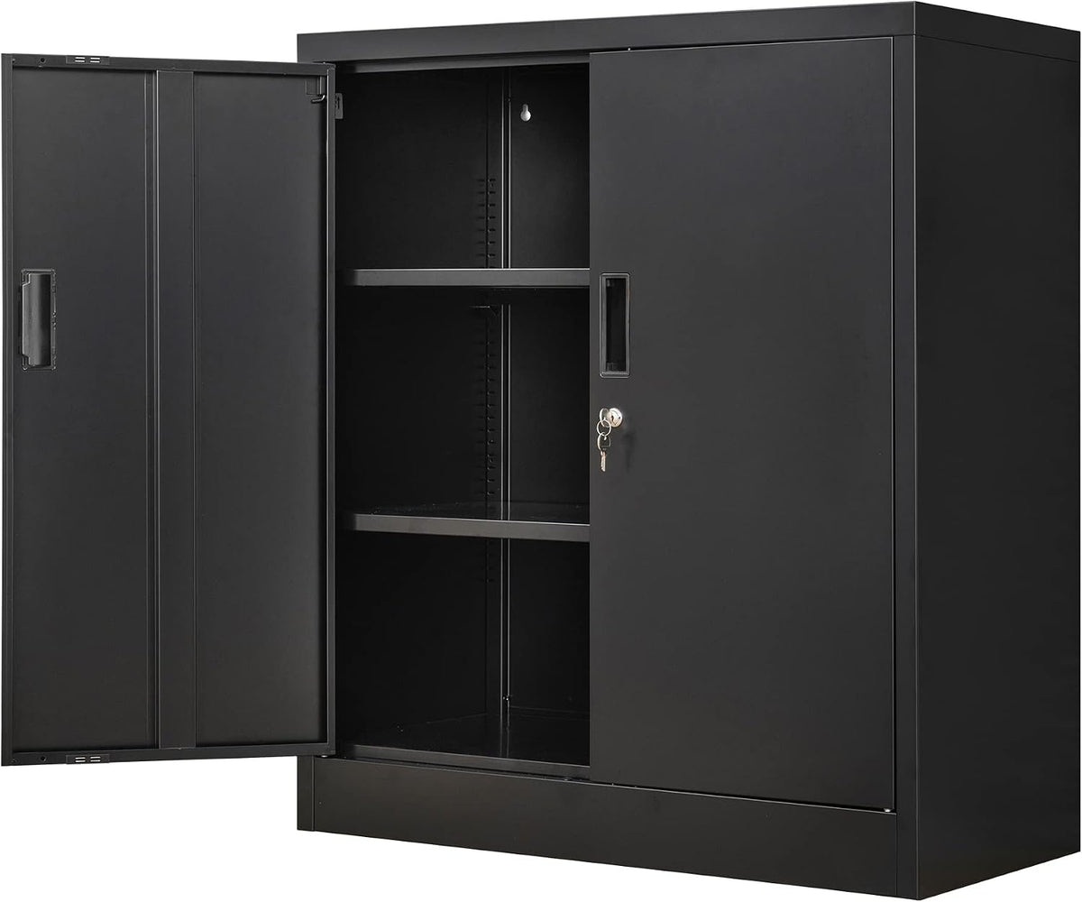 Black cabinet with both doors open revealing two interior shelves and a set of keys in the lock