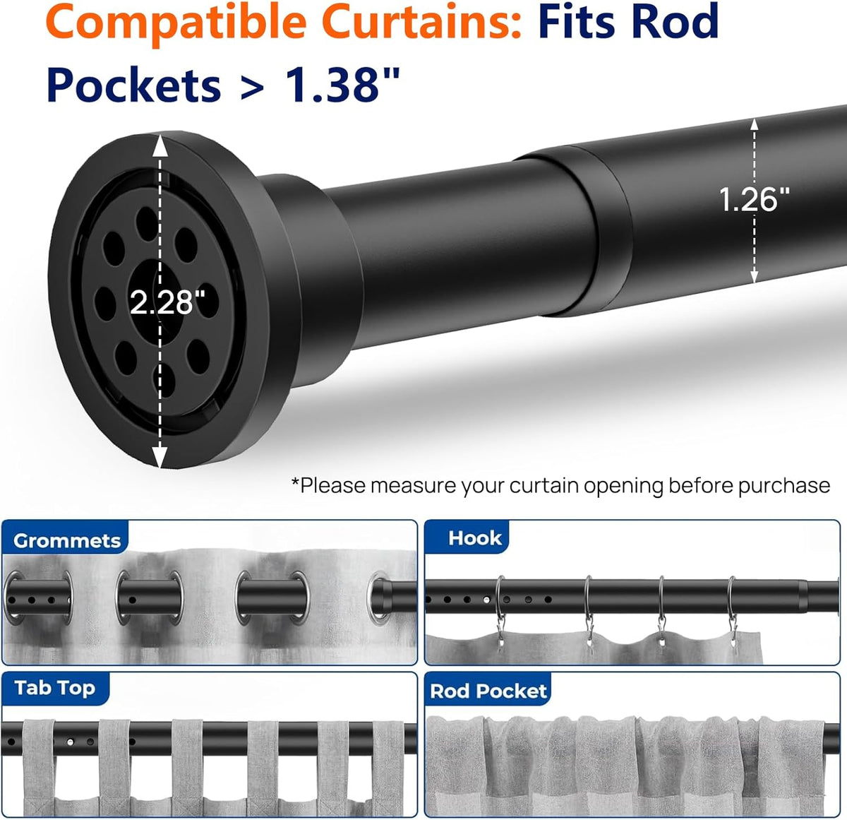 Black rod close-up showing the circular end cap and labeled diameter measurements with curtain header examples.