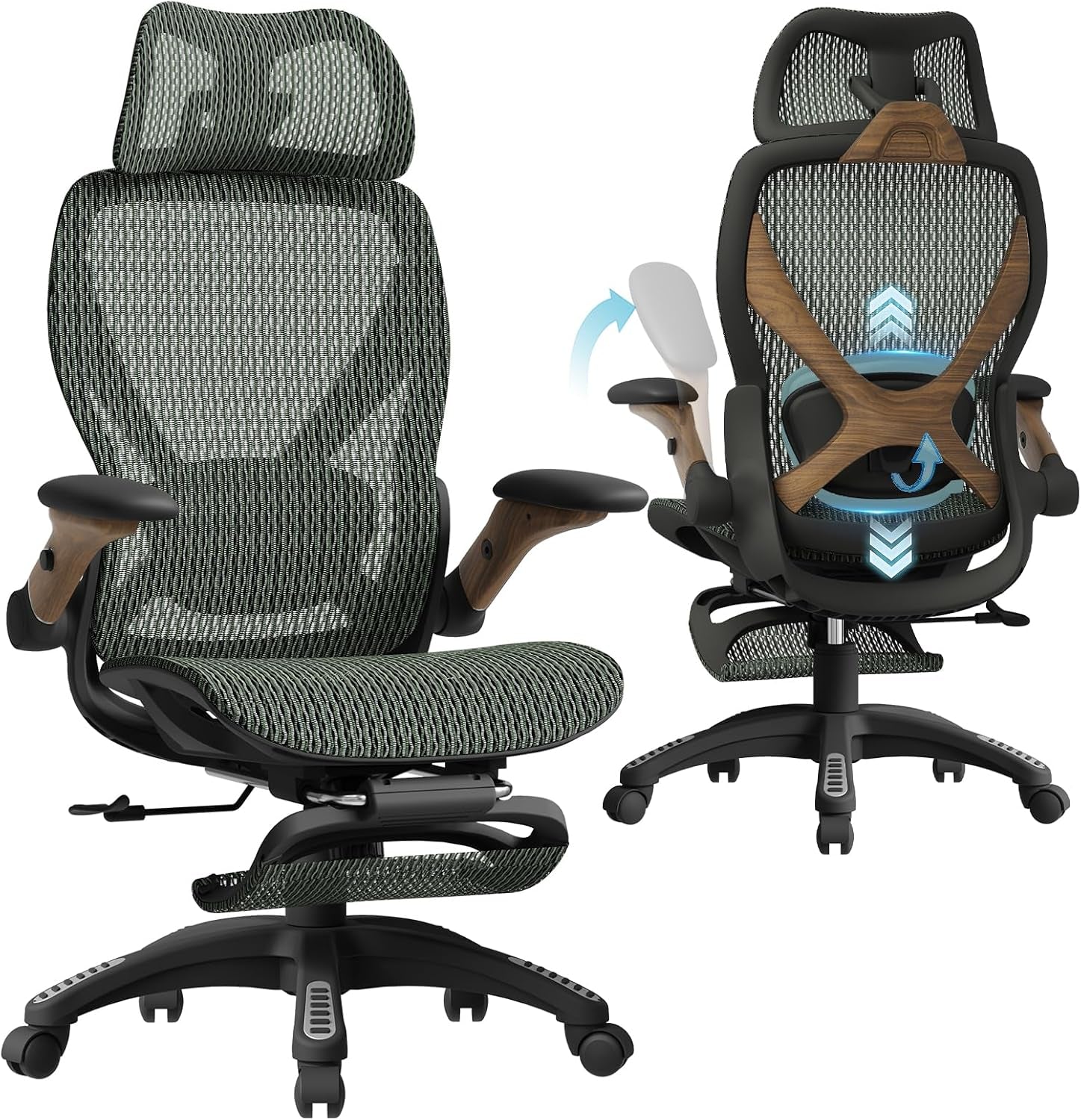 Green woven mesh office chair shown front-left and rear-right, with wood-look X back detail and matching arm panels.