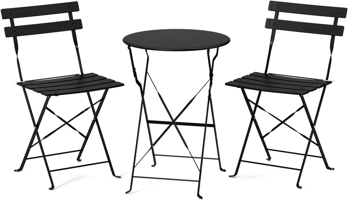 Black folding bistro table and two chairs on a white background, straight-on product view
