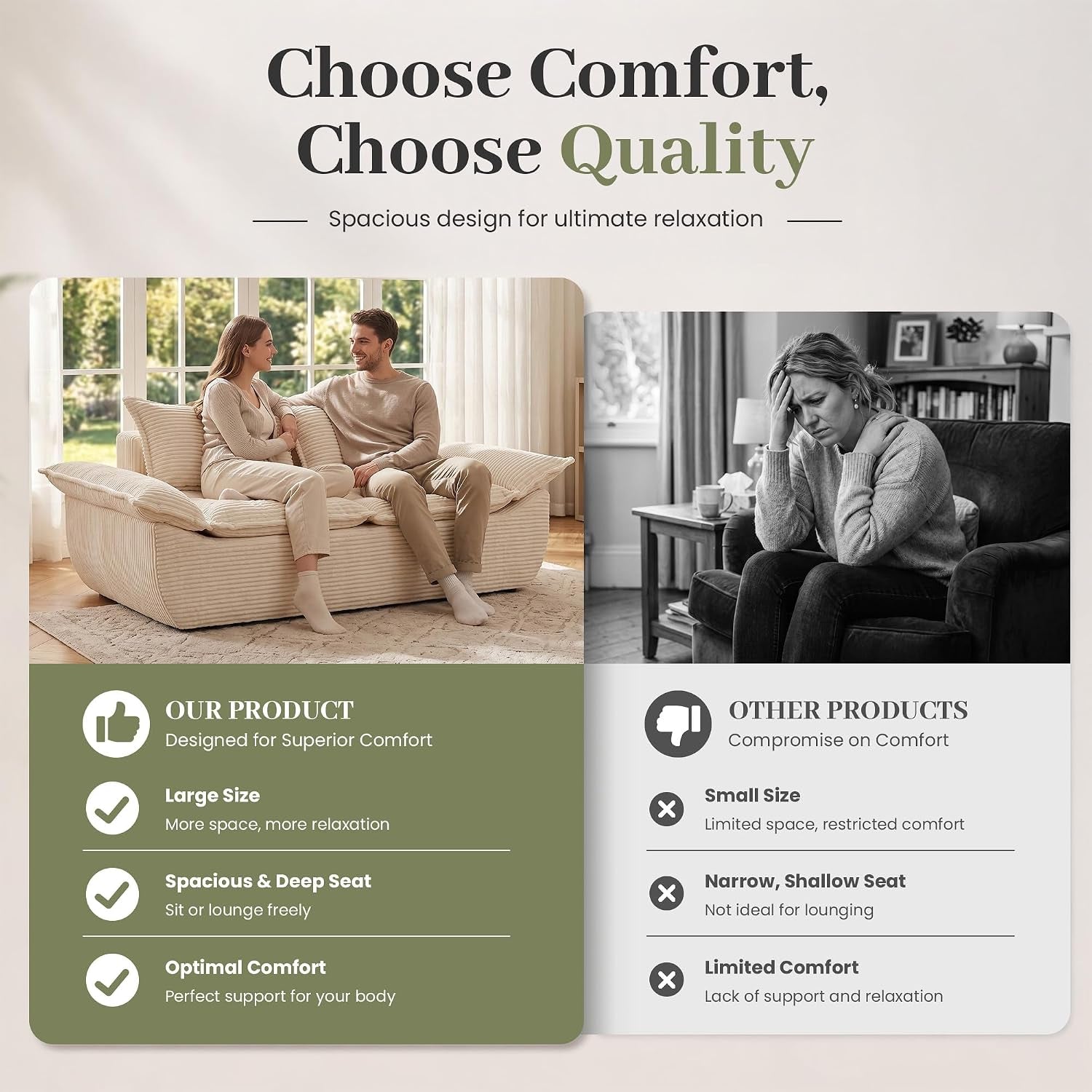 Couple seated on beige corduroy sofa alongside comparison graphics highlighting features