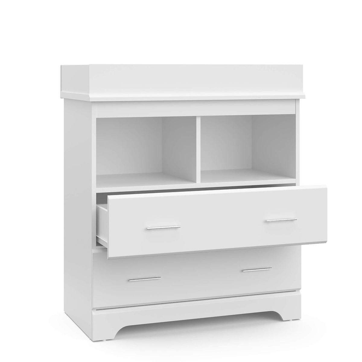 Angled front-right view of the white chest with the top drawer pulled out about halfway, showing open cubbies above.