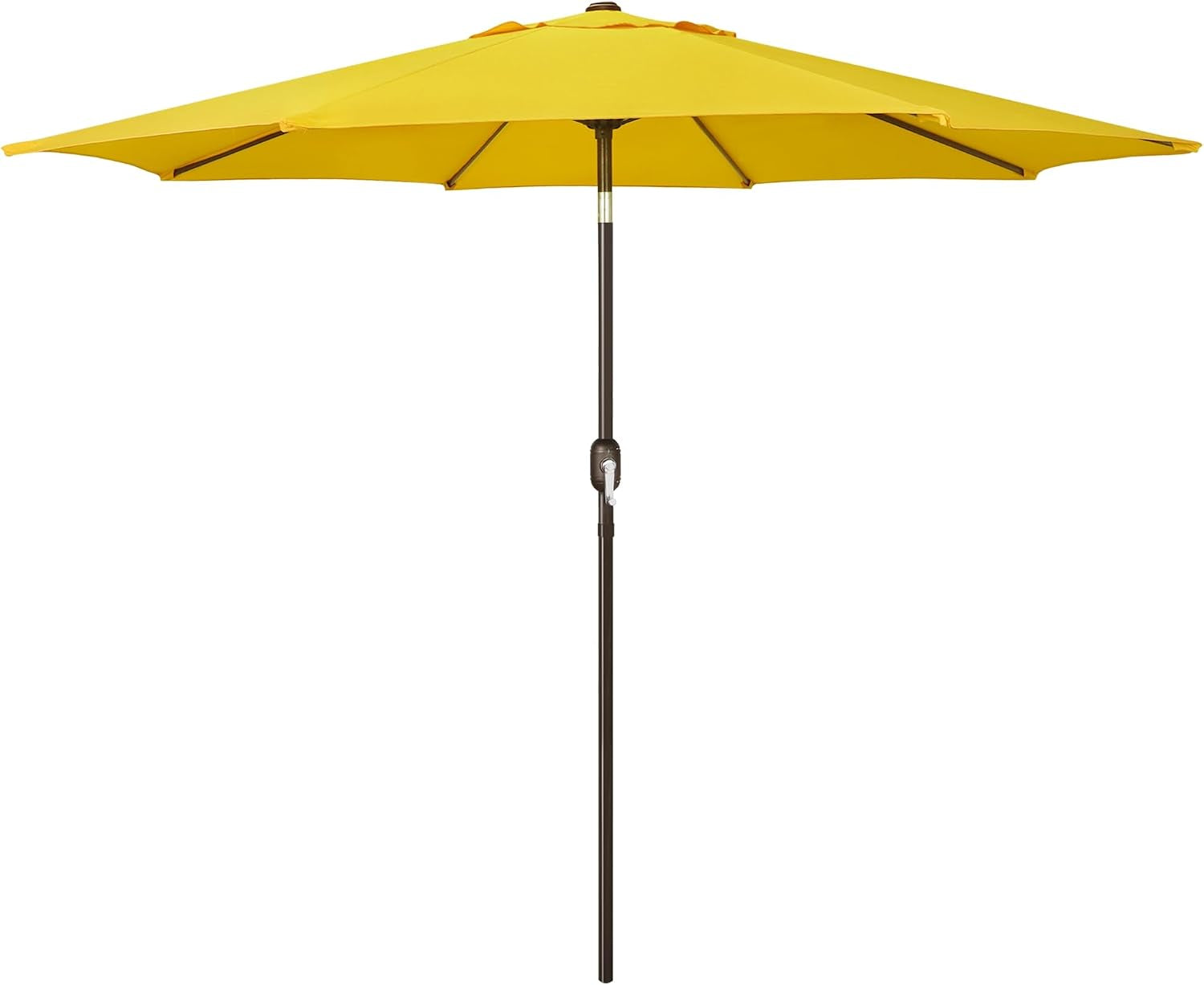 Yellow outdoor market umbrella open on a brown pole with crank mechanism visible