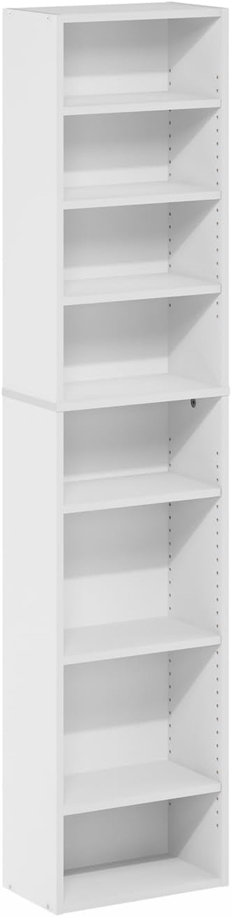 Tall white eight-shelf media tower shown full-height on a white background, empty shelves visible.