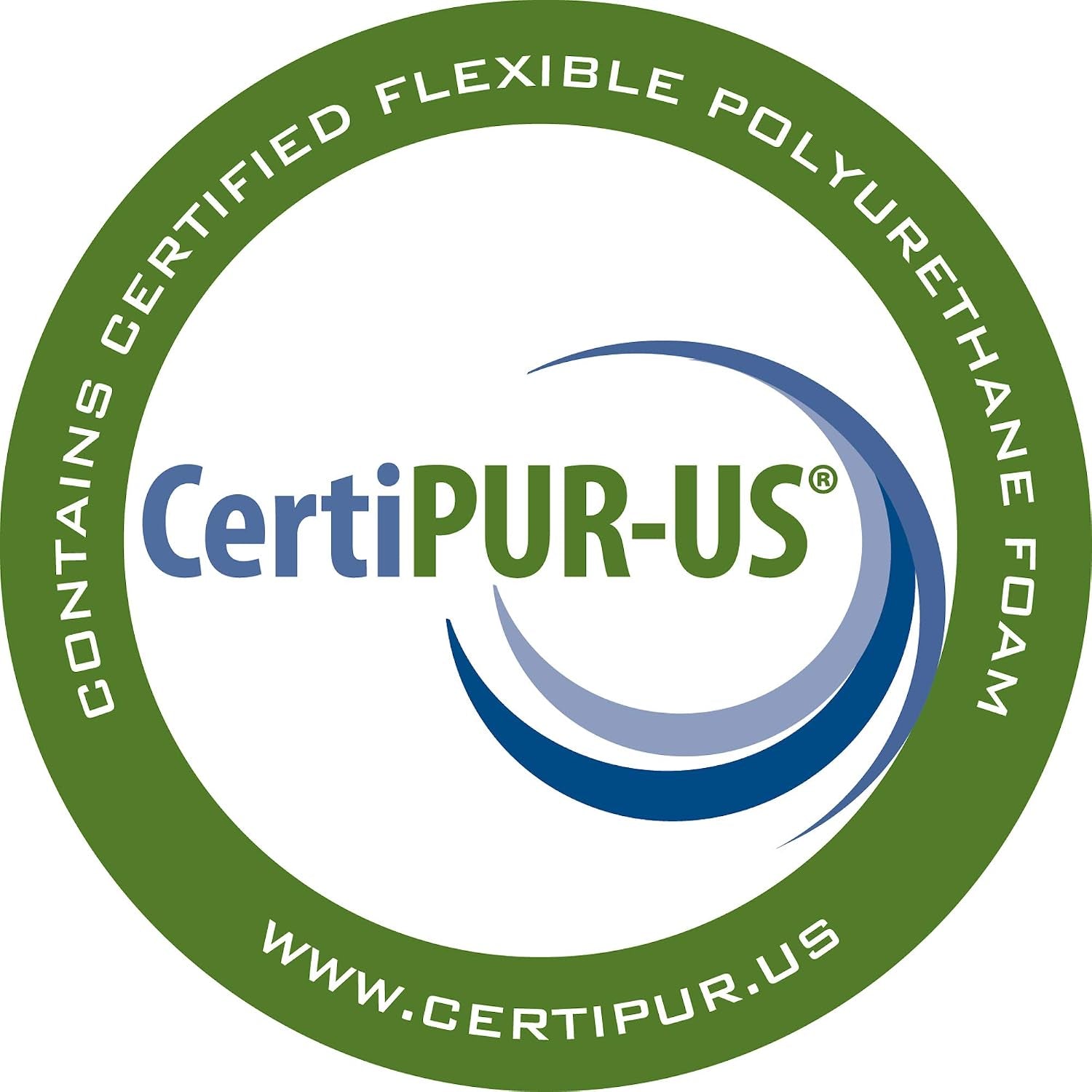 Circular green certification seal with blue and green swoosh graphic and white center