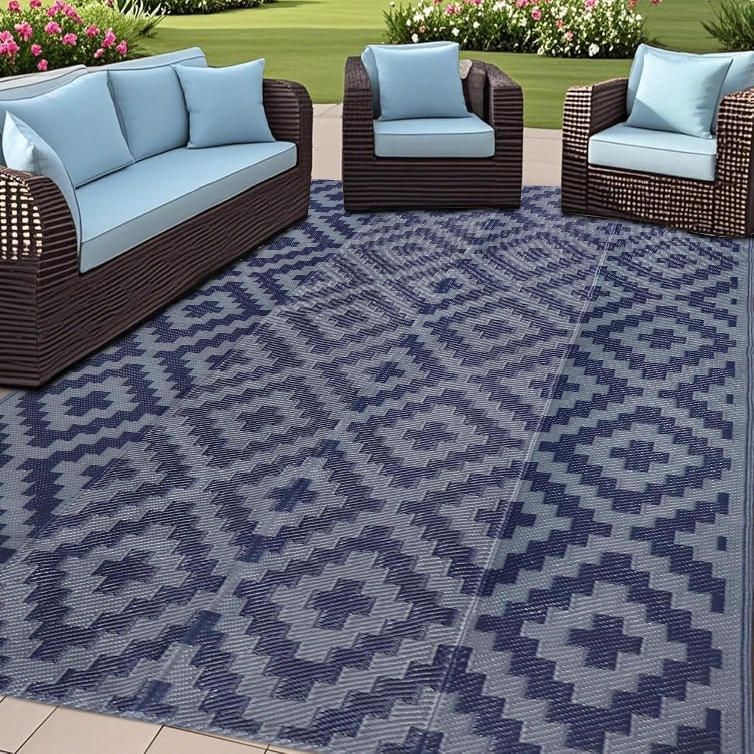 Waterproof Outdoor Rug 5x8 ft, Plastic Reversible Rug, Modern Area Rug, Large Floor Mat for Outdoors, RV, Patio, Backyard, Deck, Picnic, Beach, Camping, Black & Beige