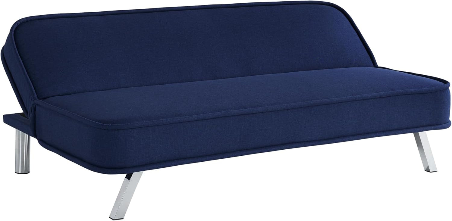 Three-quarter angled view of navy futon sofa showing contoured back and seat with chrome legs.
