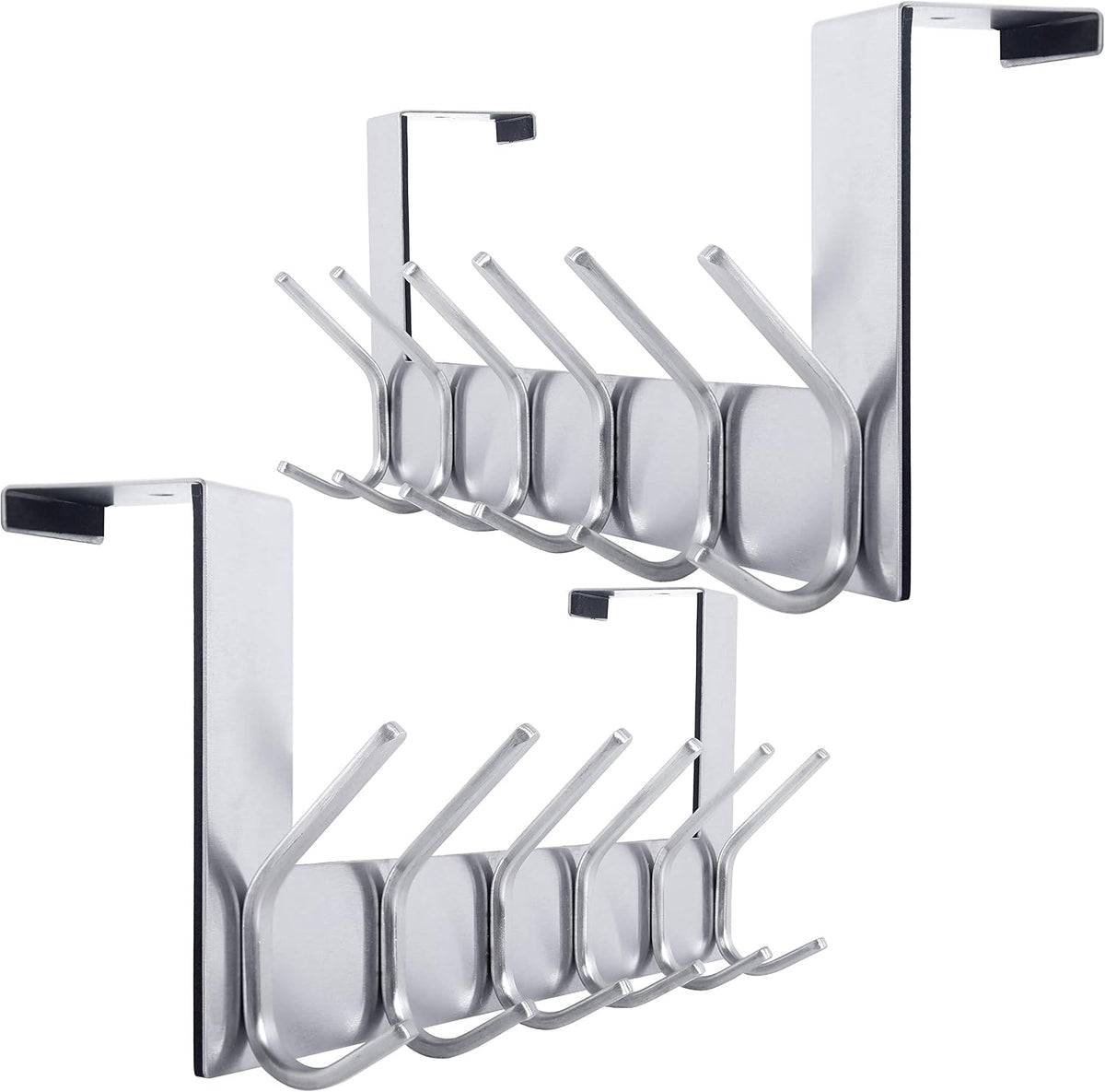 Silver metal over‑the‑door hanger angled to show six hooks and cushioned top hangers