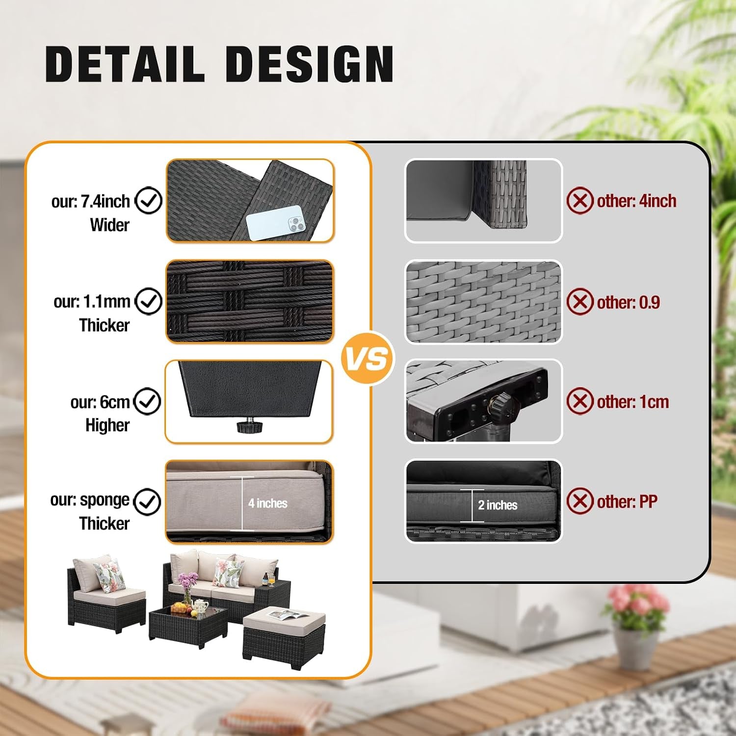 Comparison graphic highlighting thicker wicker, higher adjustable feet and 4-inch seat sponge versus other designs