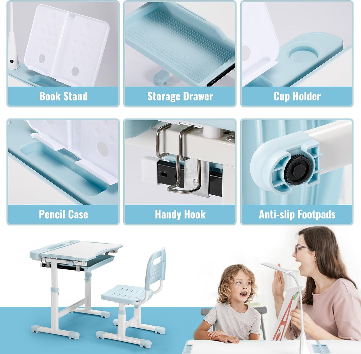 Six close-up feature panels (book stand, drawer, cup holder, pencil case, hook, footpads) above a blue desk and chair with a
