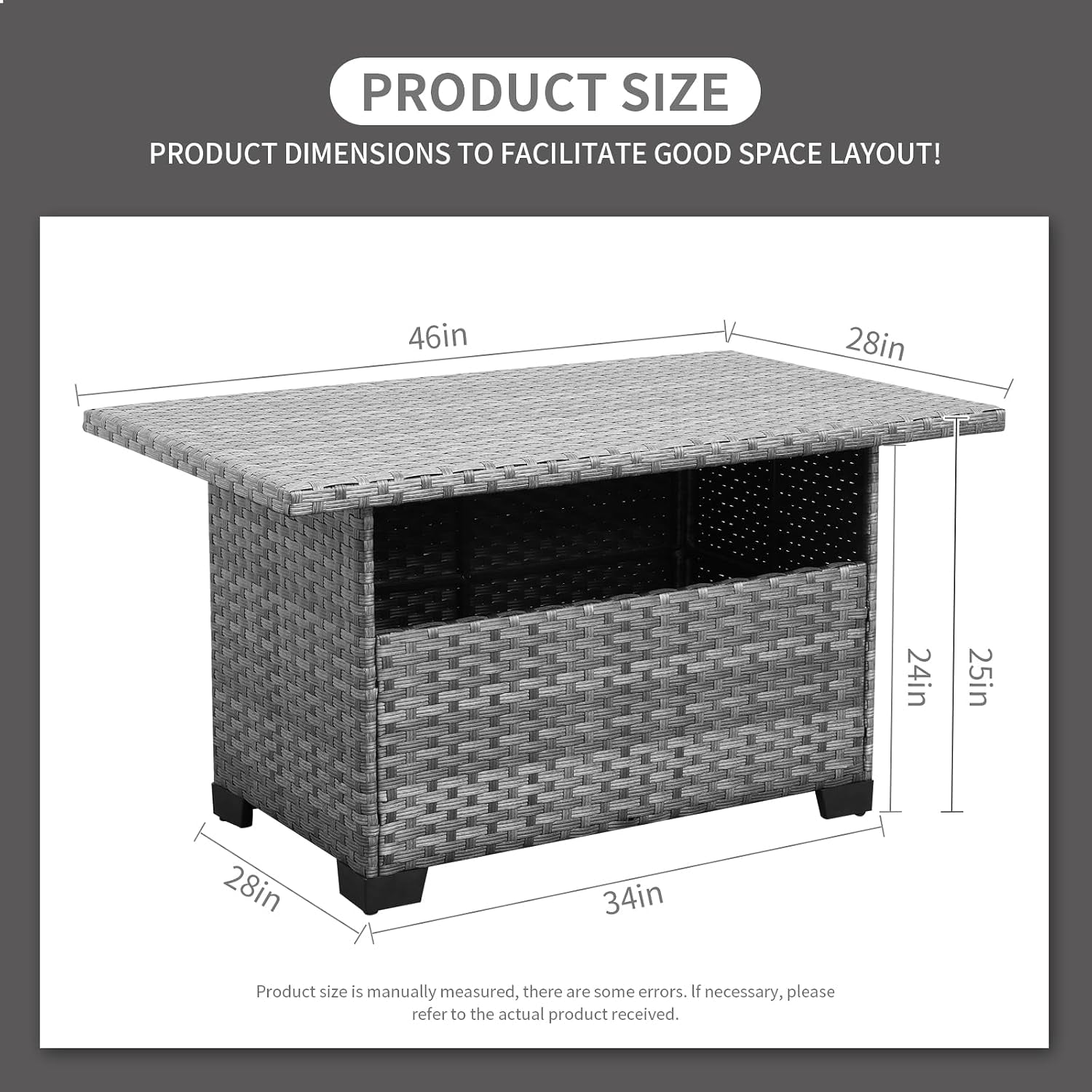 Annotated product diagram showing dimensions labeled 46 in by 28 in and overall height notes for the wicker storage table