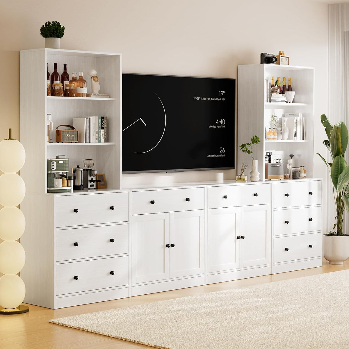 Front view of the same 4-piece modular TV stand set in white with tall open shelves and cabinet doors.