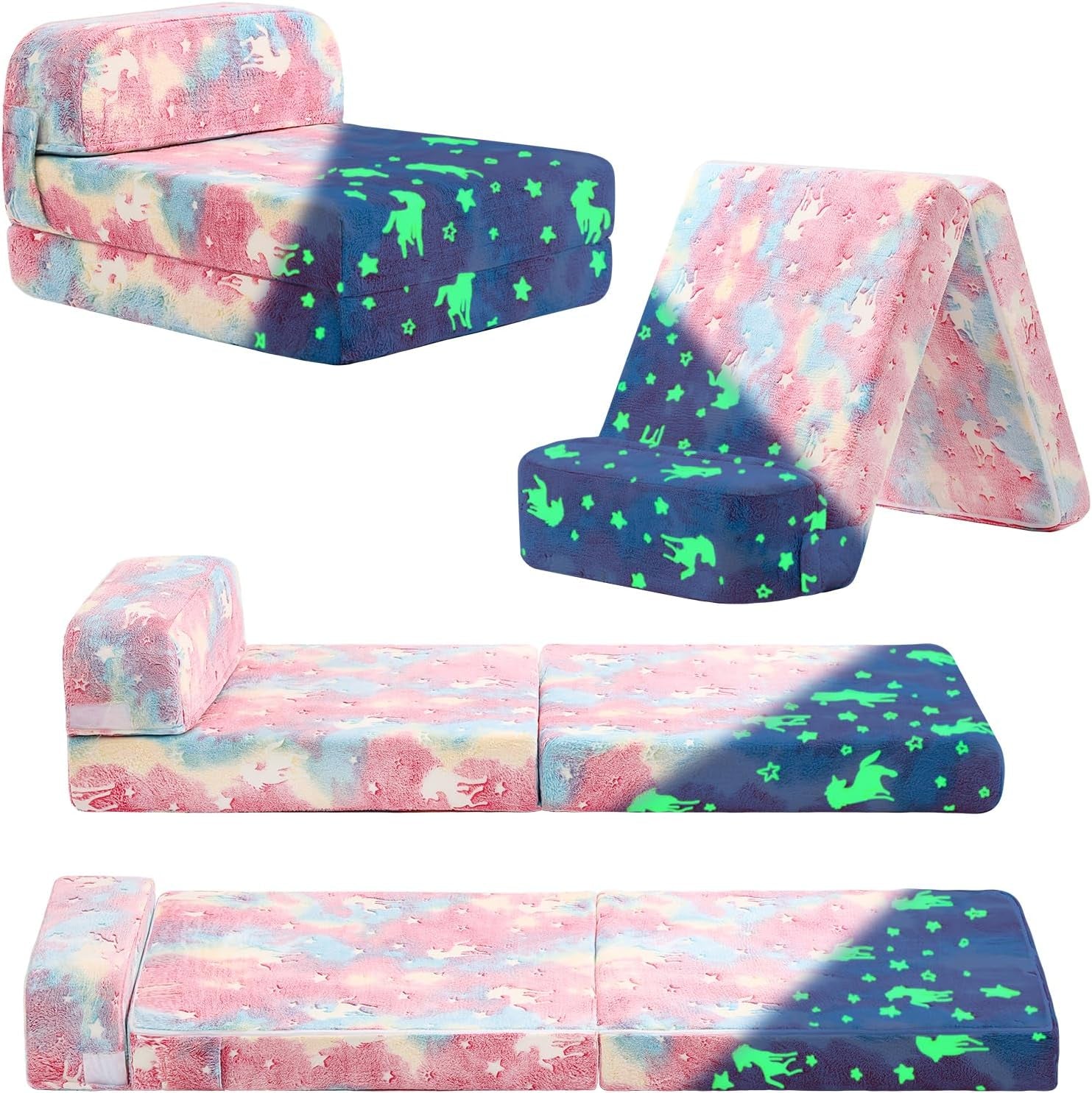 Multiple product views of a pink unicorn patterned kids foam sofa shown folded, partially folded and fully flat; some