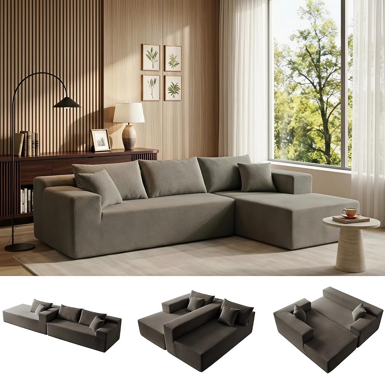Right‑chaise modular sectional in a soft gray fabric with matching pillows against a wood-paneled wall and large window.