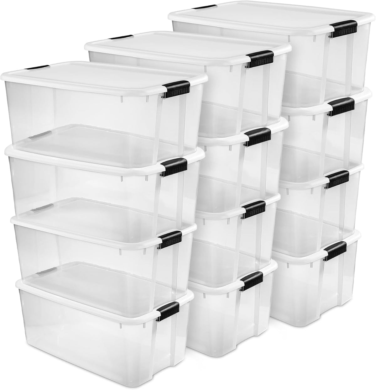 Multiple clear storage bins with white lids and black latches stacked in three staggered columns