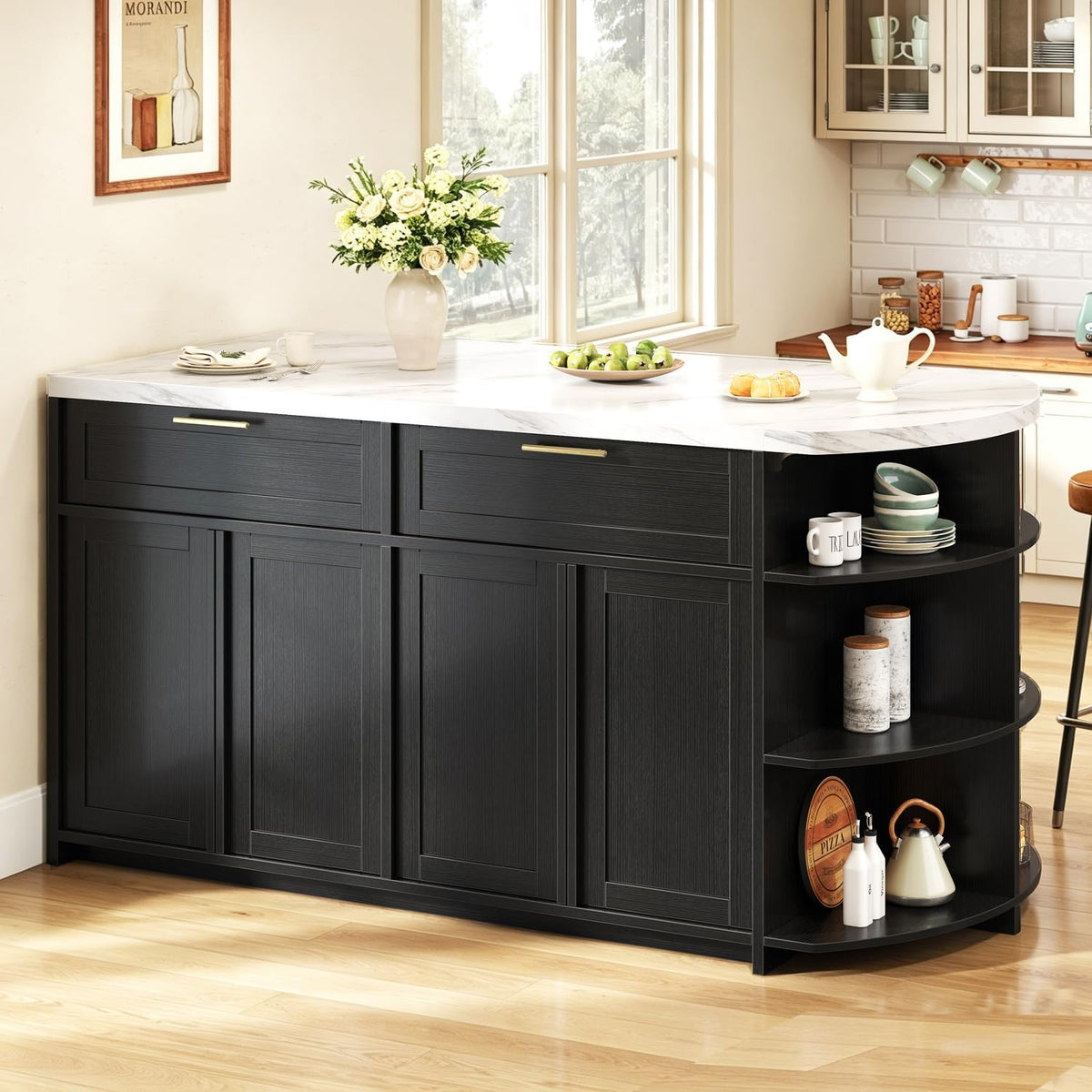 Black kitchen island with white faux marble top angled front view showing drawers and rounded three-tier open side shelves