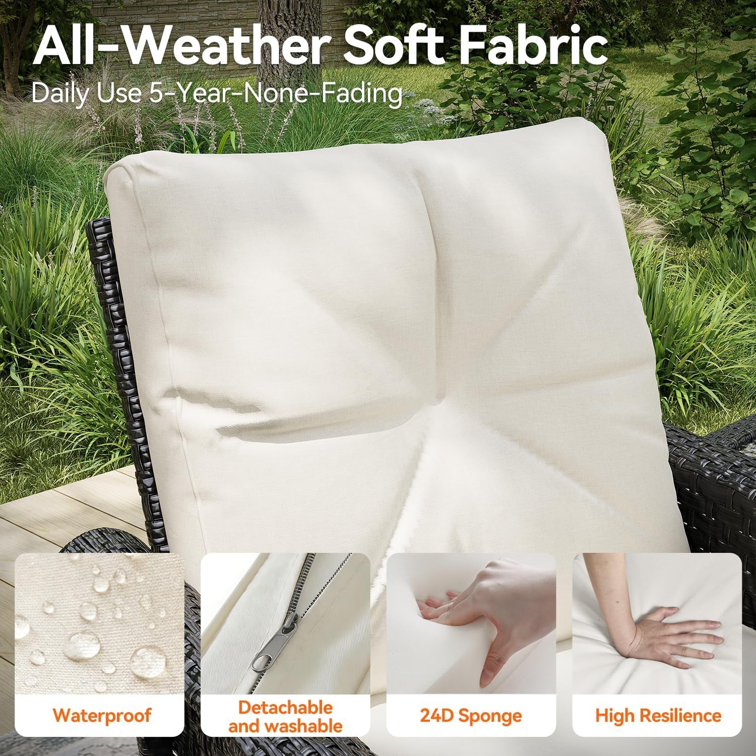 Beige outdoor cushion close-up with visible zipper and soft foam compression