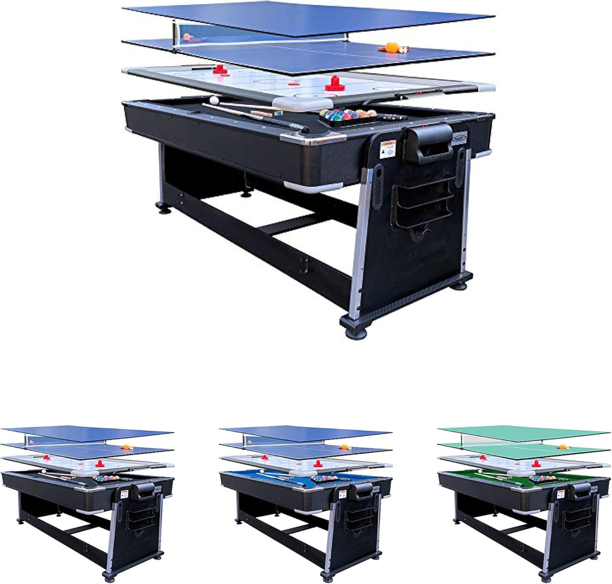Angled view of a black game table with three stacked interchangeable tops and accessory pockets