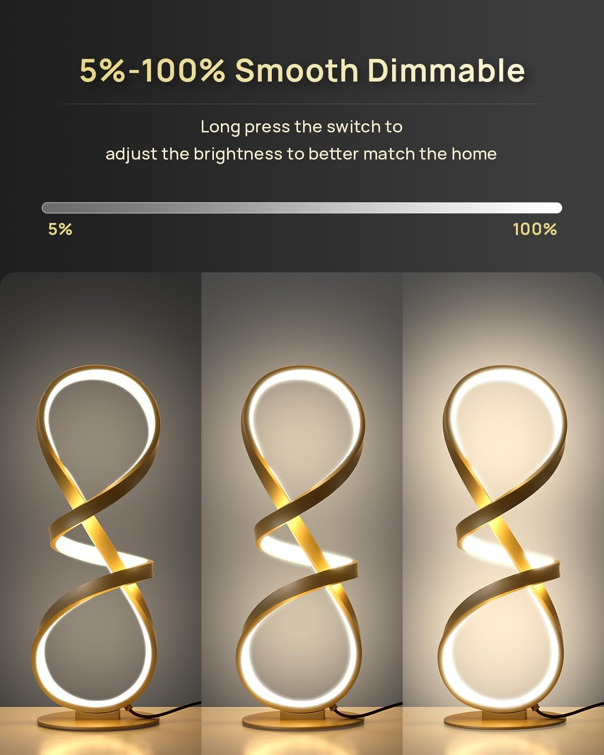 Three side-by-side shots of the gold spiral lamp demonstrating low to high brightness and the smooth dimming range.